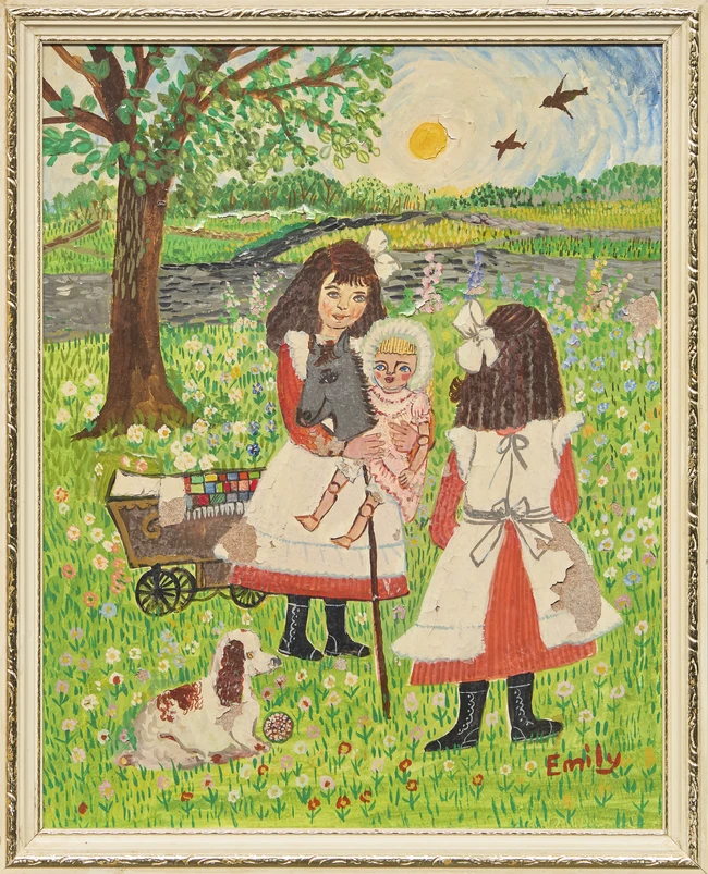 Emily M. Chrisp, British 1912-1974 - Young girls with dogs and doll; oil on board, signed...