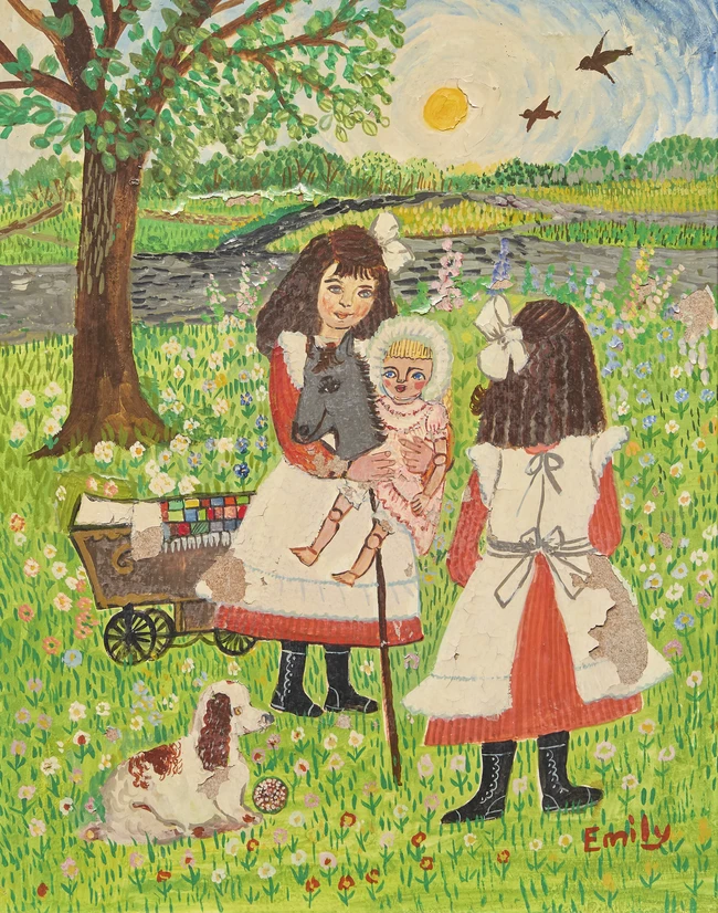 Emily M. Chrisp, British 1912-1974 - Young girls with dogs and doll; oil on board, signed...