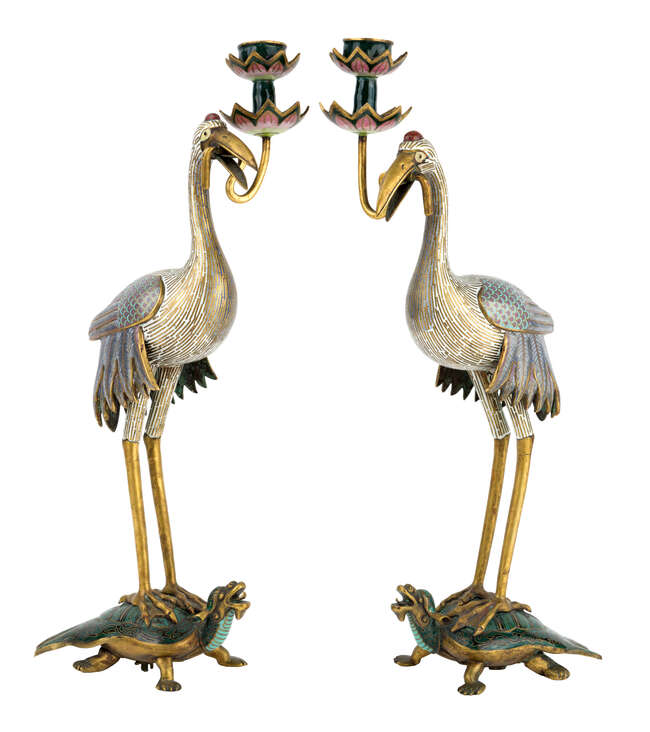 
	
		A pair of Chinese cloisonné-enamel &#39;crane and turtle&#39; form candle sticks, 19th century, 