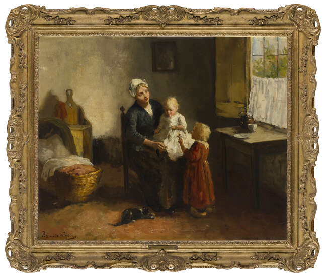 
	
		Bernard de Hoog, 
		 
		Dutch 1867-1943- 
		 
		Playmates; 
		 
		oil on canvas,...