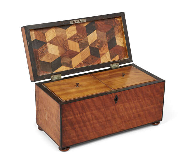 
	
		A George III satinwood two-division tea caddy, the interior lid with parquetry decoration...