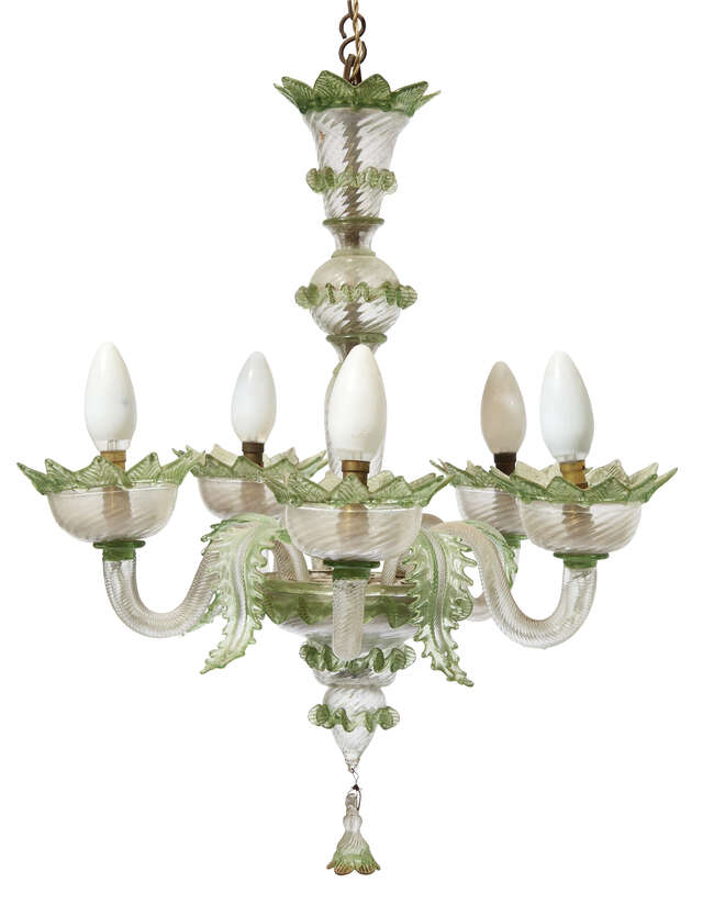 
	
		A Murano hand-made glass five-light chandelier, 20th century, trimmed with green foliage...
