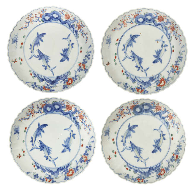 
	
		Four Japanese Kakiemon porcelain &#39;fish&#39; dishes, Edo period, mid-19th century, each...