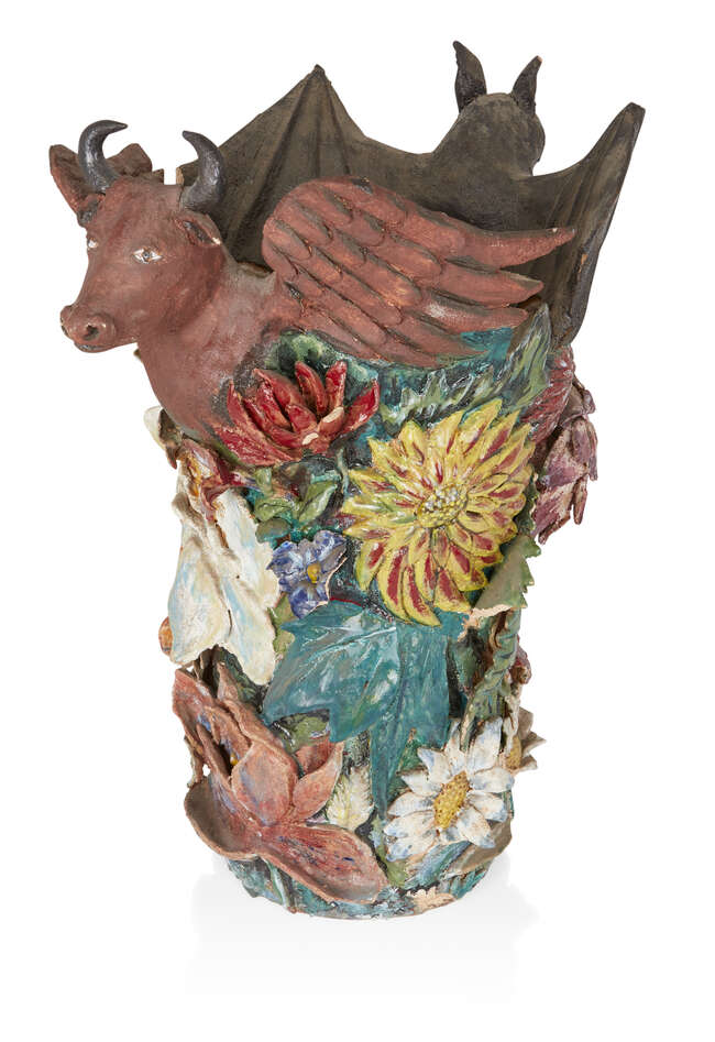 
	
		Pamela Mei Yee Leung (1962-2011), 
		 
		Pottery planter modelled as a winged bull and...