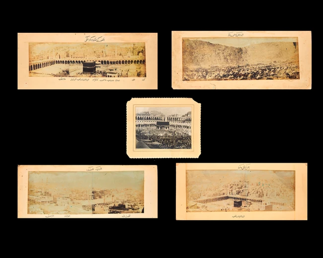 Five black and white panoramic views of Mecca, its vicinity and Medina : Three of Masjid...