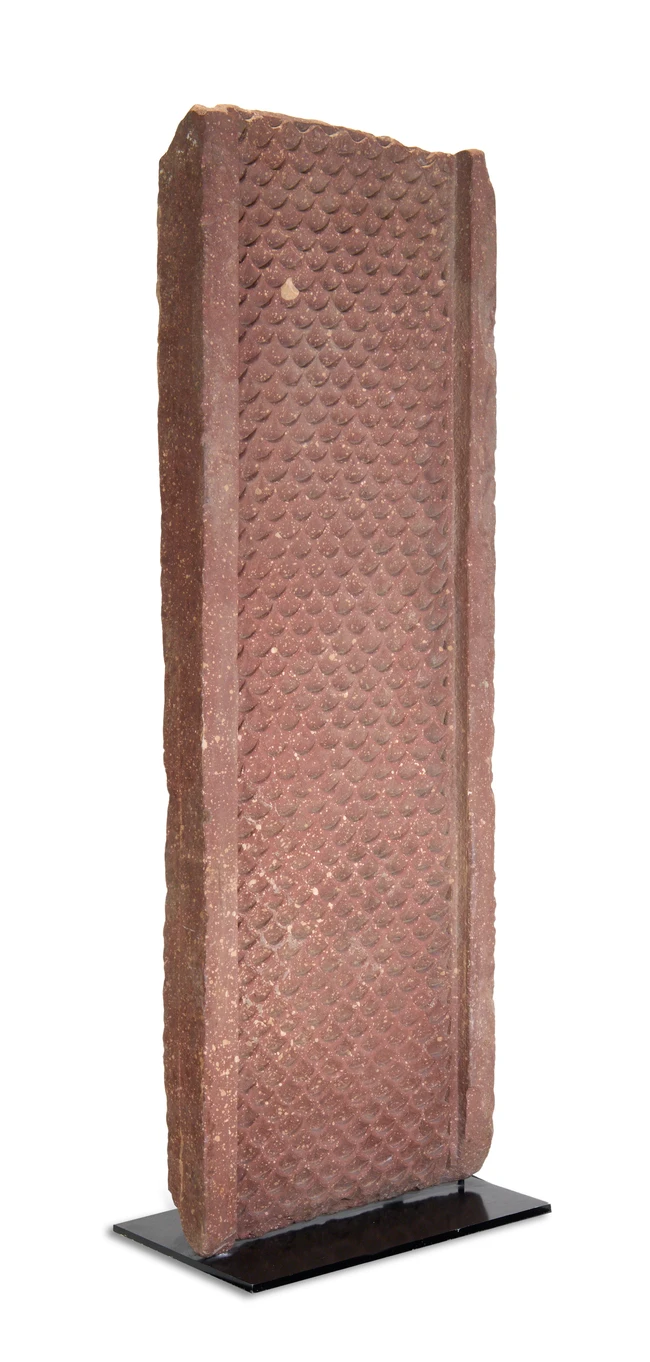 A red sandstone waterslide (Chadar), Mughal India, 17th Century, 
On stand, with typical fish...