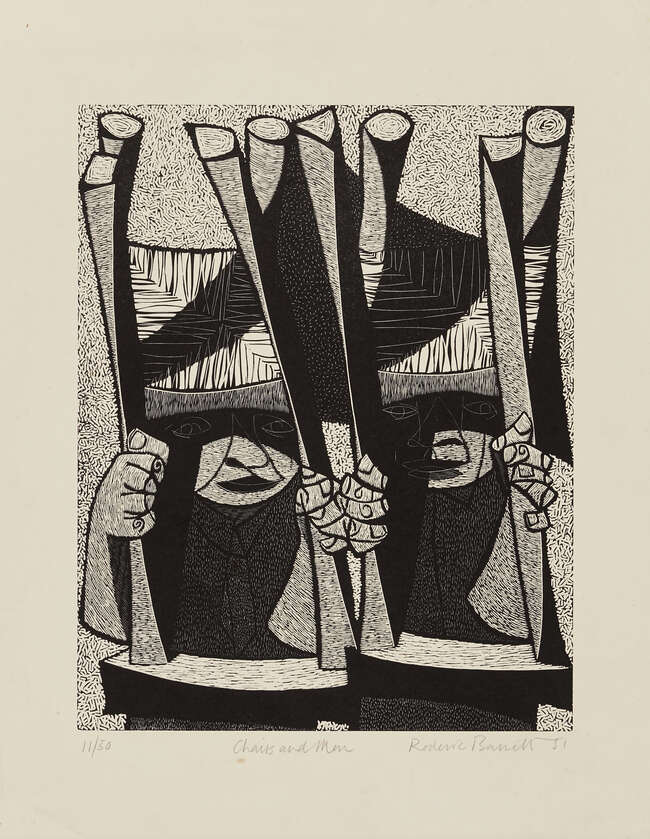 
	
		Roderic Barrett, 
		British 1920-2000- 
		 
		Chairs and Man, 1951; 
		 
		woodcut on...
