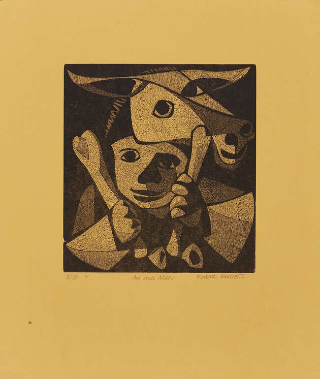 
	
		Roderic Barrett, 
		British 1920-2000- 
		 
		Chairs and Man, 1951; 
		 
		woodcut on...