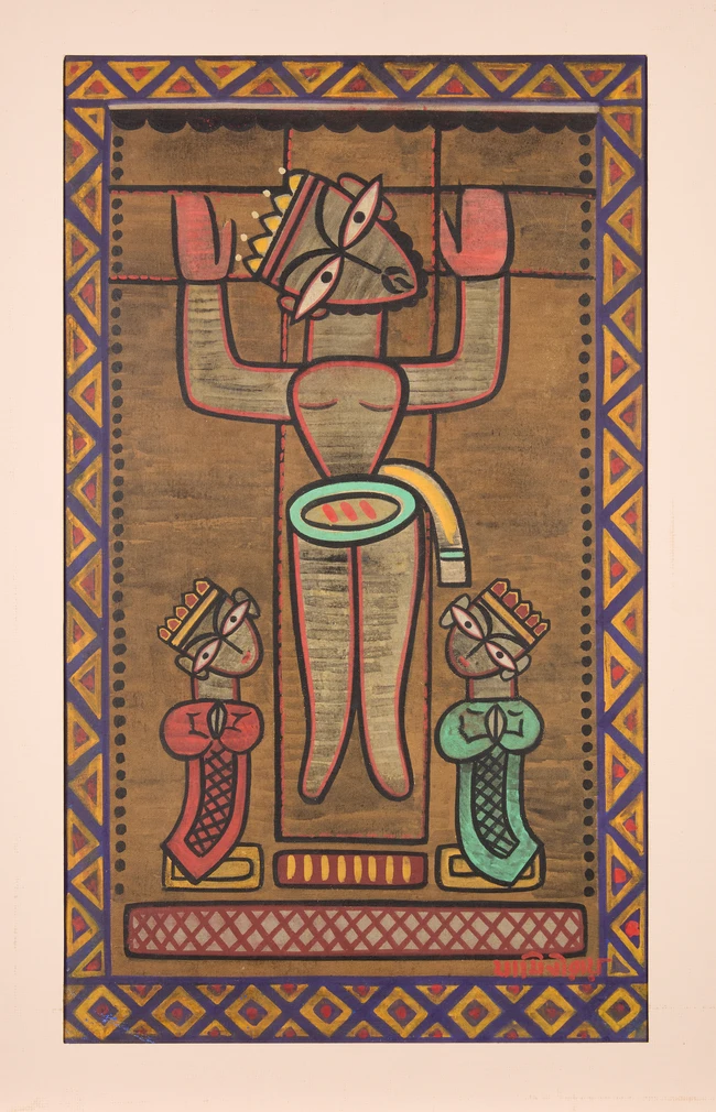 Jamini Roy (Indian 1887-1972), 
Figure with two worshippers,
Tempera on cloth, signed in Bengali...