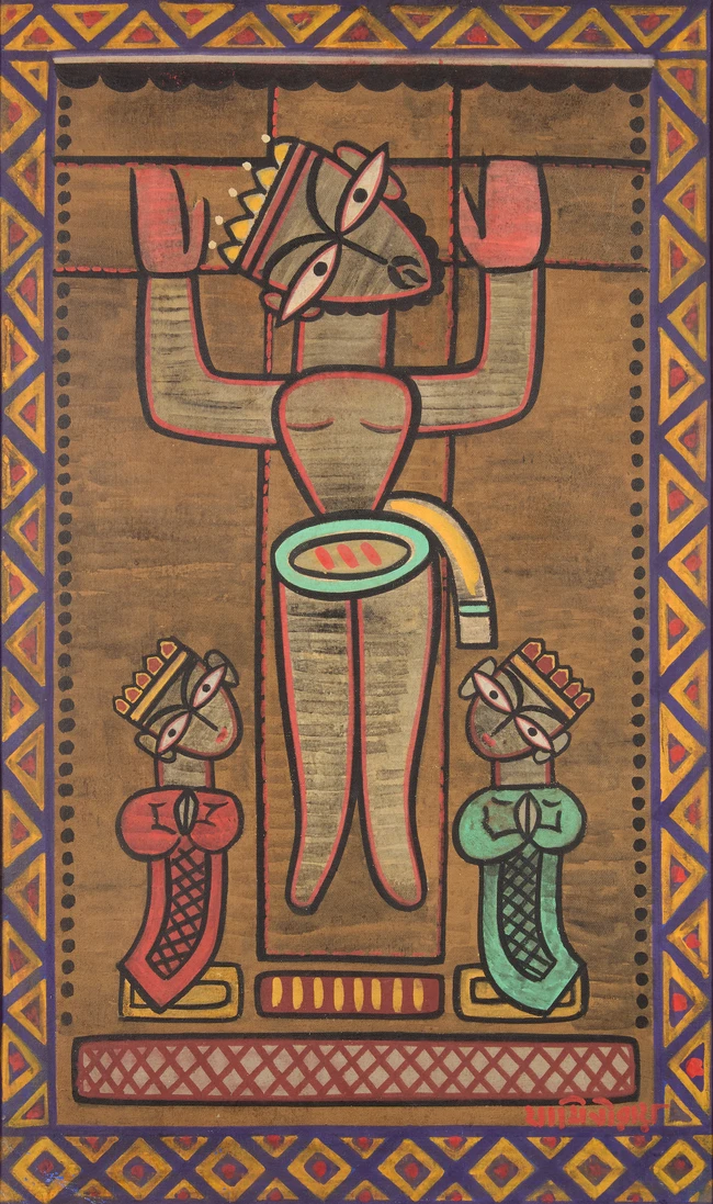 Jamini Roy (Indian 1887-1972), 
Figure with two worshippers,
Tempera on cloth, signed in Bengali...