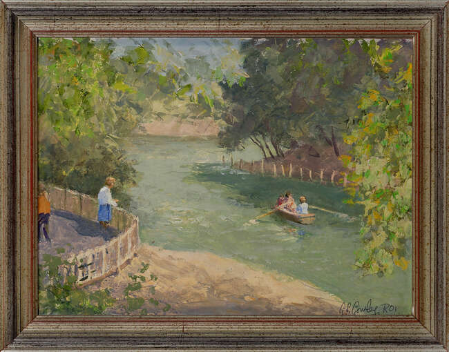 
	
		Alan Stenhouse Gourley PROI, 
		British 1909-1991 - 
		 
		River scene; 
		 
		oil...