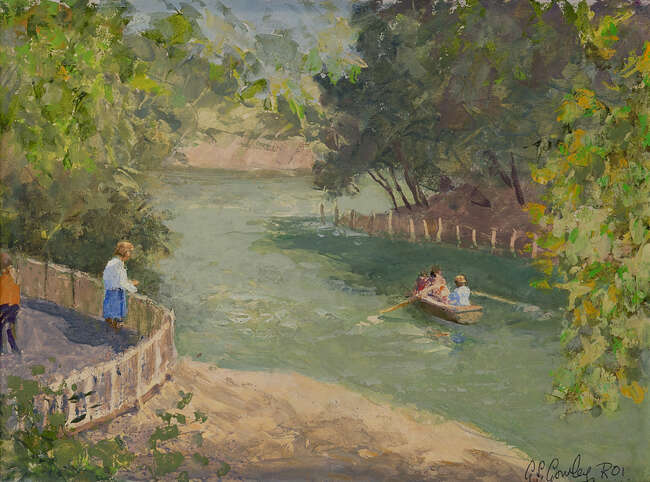 
	
		Alan Stenhouse Gourley PROI, 
		British 1909-1991 - 
		 
		River scene; 
		 
		oil...
