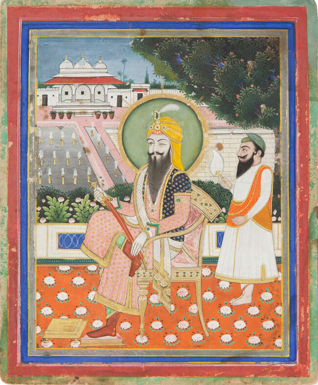 
	
		A portrait of Maharaja Ranjit Singh on a terrace, Sikh school, North India, circa 1850,...