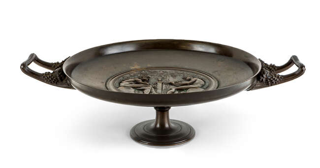 
	
		A French bronze tazza, cast by Barbedienne, after Ferdinand Levillain (1837-1905), c.1870