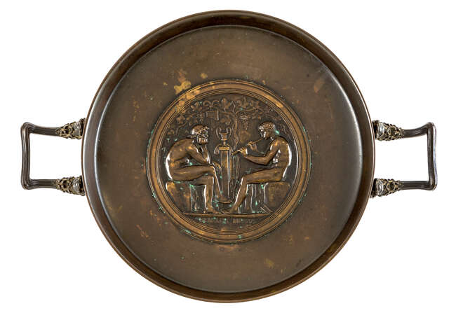 
	
		A French bronze tazza, cast by Barbedienne, after Ferdinand Levillain (1837-1905), c.1870