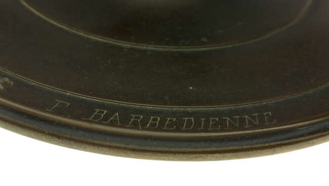 
	
		A French bronze tazza, cast by Barbedienne, after Ferdinand Levillain (1837-1905), c.1870