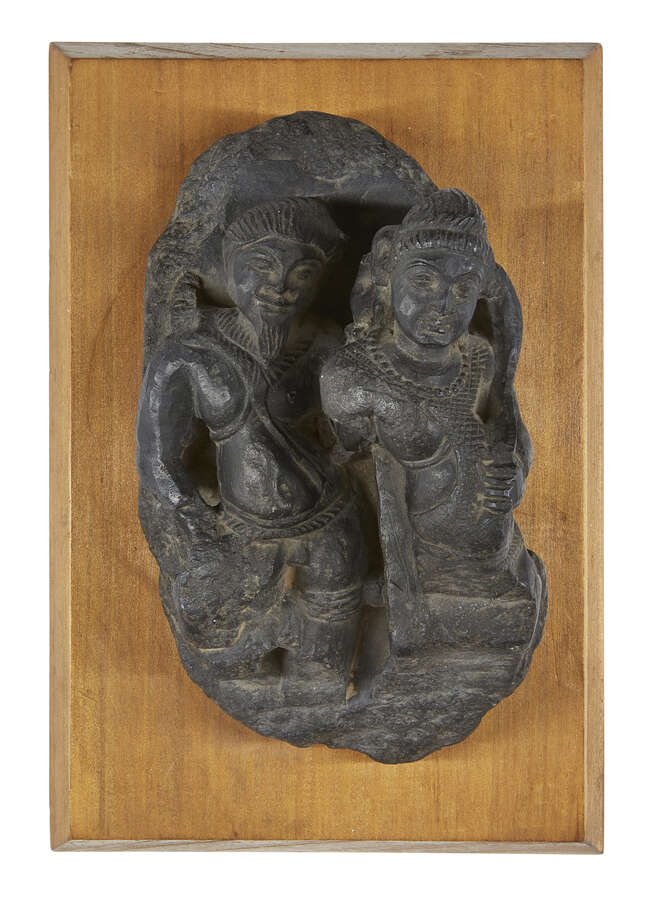 
	
		A Gandhara grey schist sculpture, 3rd-4th century century, mounted on wood base, 12cm...