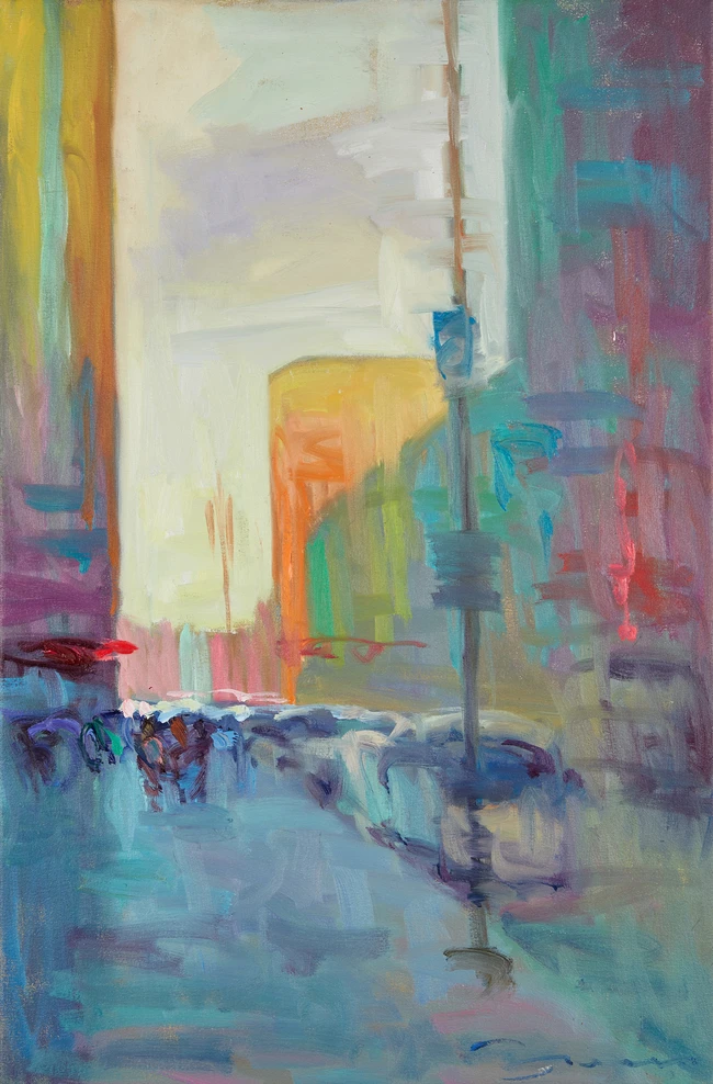 To Be Sold with No Reserve: Jerry Fresia, American b.1948 - City street scene; oil on canvas,...