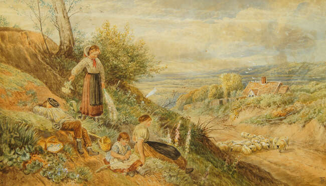 Follower of Myles Birket Foster RWS, British 1825-1899- 
Landscapes with families on a...