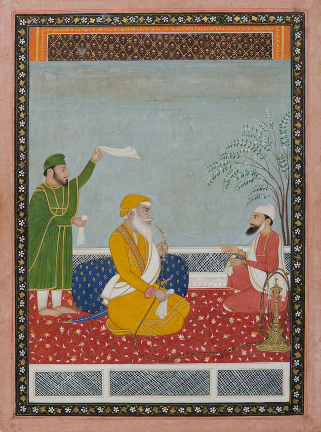 
	
		A portrait of Diwan Mokham Chand on a terrace, Sikh school, Punjab, India, circa 1840,...
