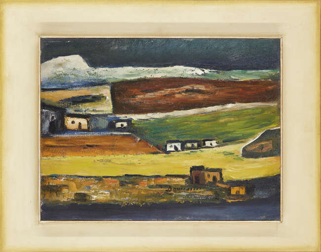
	
		Pranas Domsaitis, 
		South African 1880-1965 - 
		 
		Landscape with cottages;...