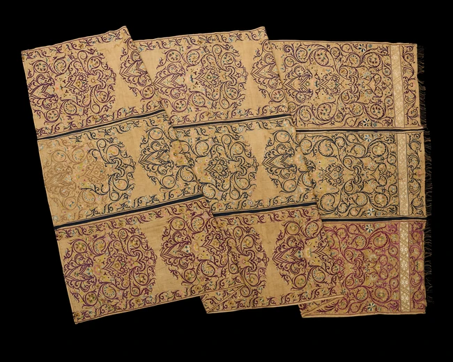A silk embroidered textile panel, Algeria, North Africa, 19th century, 
Composed of three...