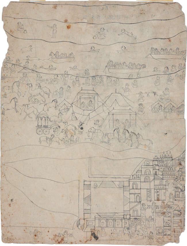 
	
		A large prepatory ink drawing of an encampment outside a town, Rajasthan, 19th century,...