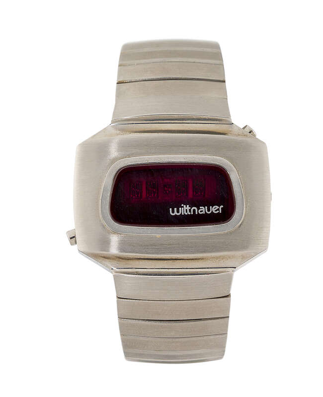 
	
		A 1970s stainless steel Wittnauer Polara quartz LED digital wristwatch, with single...