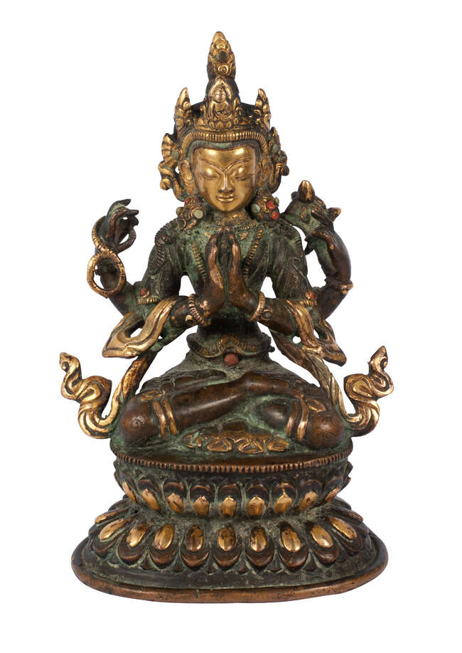 
	
		A Sino-Tibetan parcel gilt bronze figure of Tara, 18th/19th century, seated in dhyanasana...