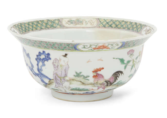 
	
		A Chinese porcelain boy and chicken bowl, 19th century, painted in famille verte enamels...
