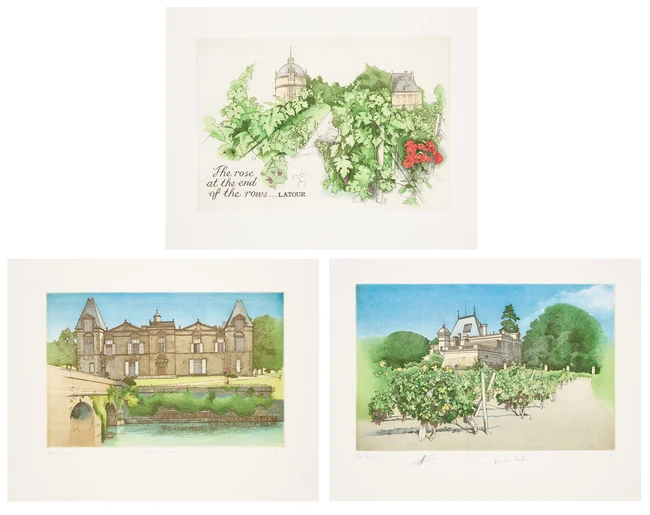 John Furnival, British, 1933-2020 Chateau Latour, Chateau d'Issan and Chateau Ausone; three...