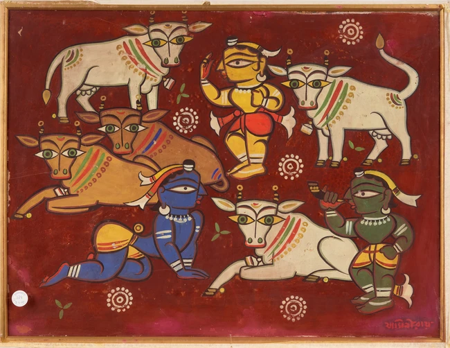 Jamini Roy (Indian 1887-1972), Balakrishna, Balaram amidst the cows, 
tempera on card, signed in...