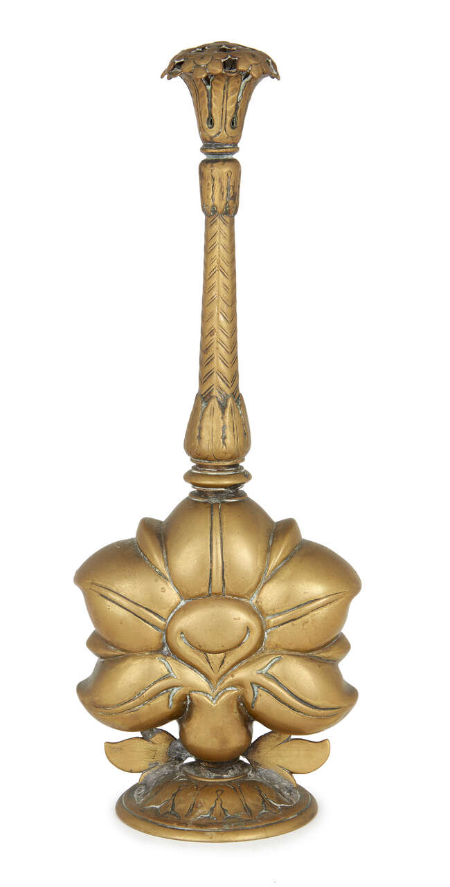
	
		A brass rosewater sprinkler on the form of a lotus flower, North India, 18th century, on...