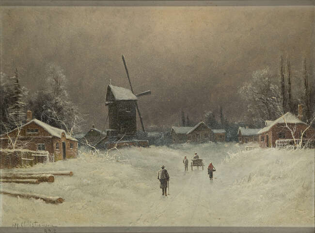 
	
		Nils Hans Christiansen, 
		Danish 1850-1922-
		 
		Figures on a village street in...