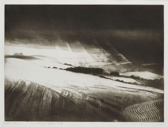 
	
		Norman Ackroyd CBE RA,
		British b. 1938-
		 
		Woolstone Down, 1980;
		 
		etching on...