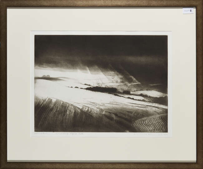 
	
		Norman Ackroyd CBE RA,
		British b. 1938-
		 
		Woolstone Down, 1980;
		 
		etching on...