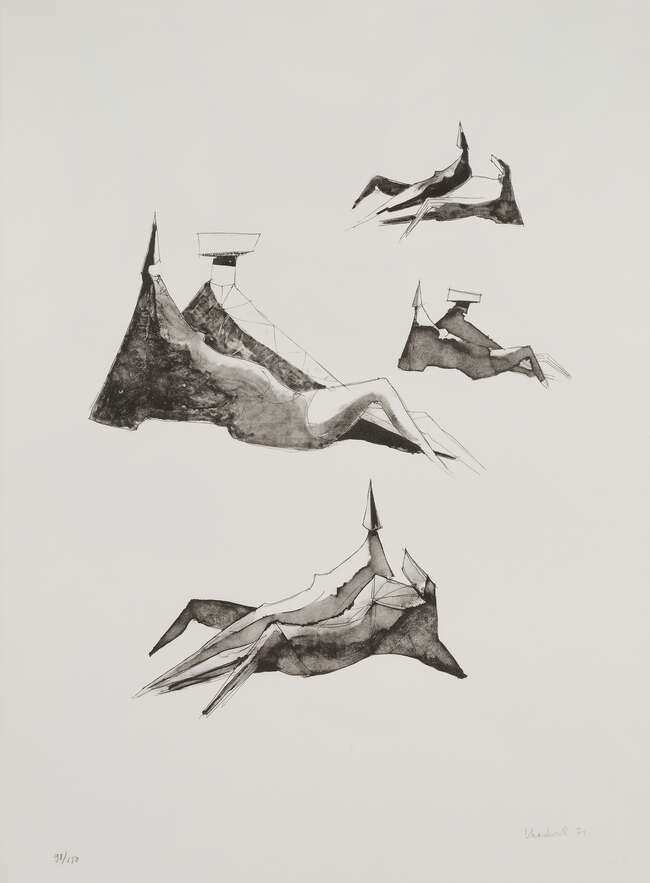 
	
		Lynn Chadwick CBE RA,
		British 1914-2003-
		 
		Four Reclining Figures, 1971;
		 
		