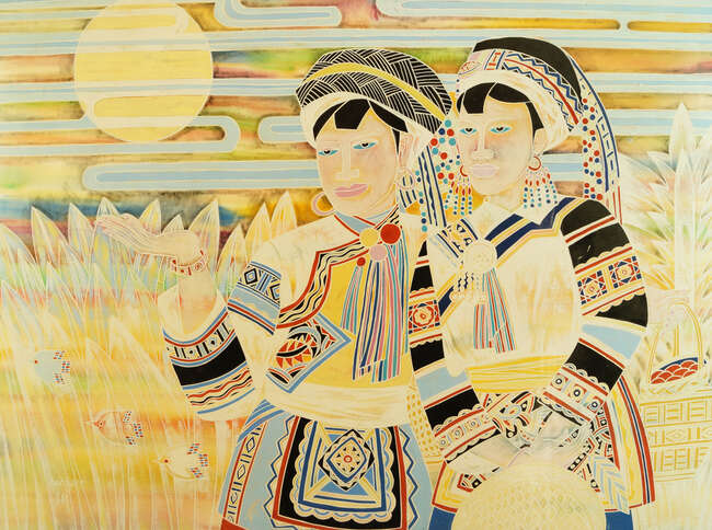 
	
		KE HEGEN (b.1953), gouache, coloured chalk, and mixed media on paper, study of two...
