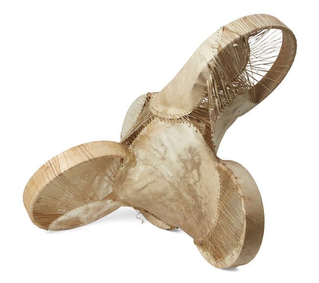 
	
		Brian Jungen, 
		Canadian b.1970- 
		Sound Space 1, 2010; 
		drum frames, hides, 61 x 91.4...