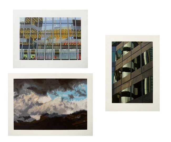 Brendan Neiland, British b.1941- Autumn Landscape, 1982; Times Square, 1983; Lloyds, 1982; three...