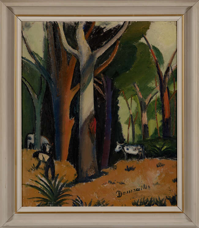 
	
		Pranas Domsaitis, 
		South African 1880-1965 - 
		 
		Farmer and cattle in a forest;...