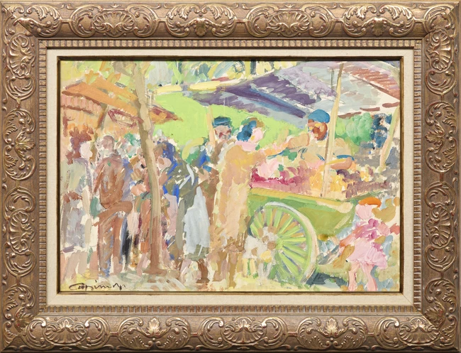 Marc Gimat, French 1912-1969 - Au marché;oil on paper laid down on canvas, signed lower left...