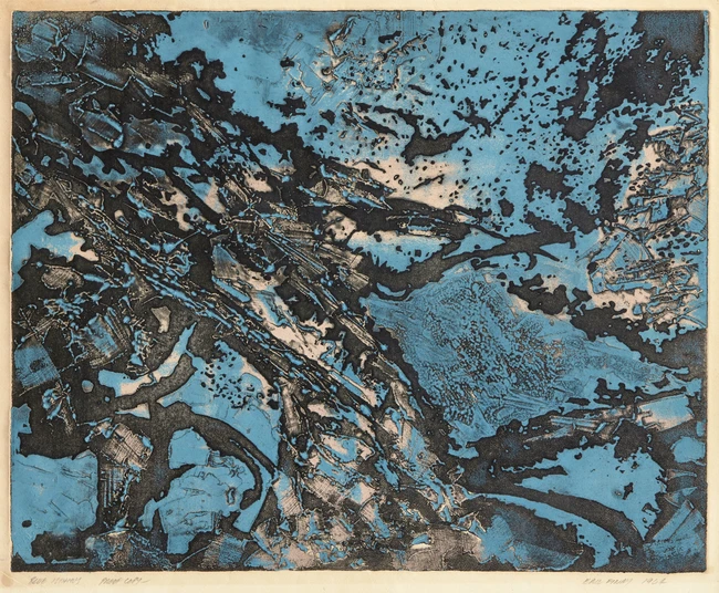 Eric Finlay,
British 1930-1996-
Blue Isthmos, 1964;
etching and aquatint in colours, signed, titled,...