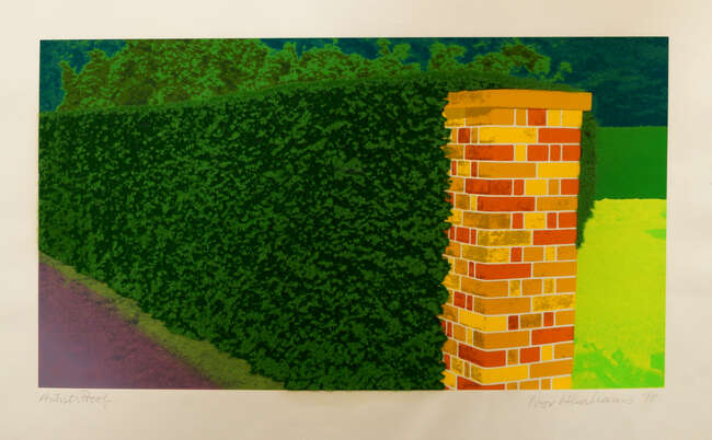 
	
		Ivor Abrahams RA, 
		British 1935-2013- 
		 
		Gate Post and Hedge, 1970;
		 
		