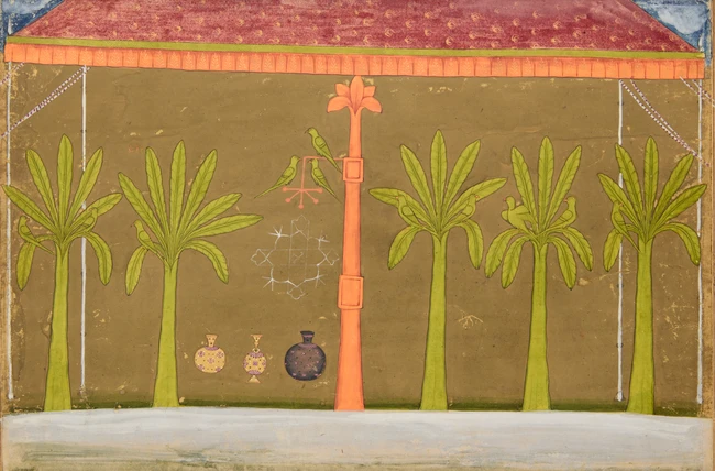 A votive pillar and offerings, Possibly Bilaspur, India, 19th century,
Opaque pigments...
