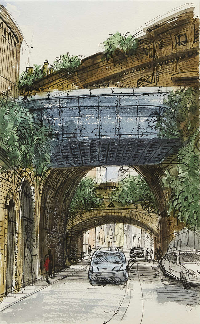 
	
		David Gentleman, 
		British b.1930- 
		 
		Railway Bridges, Southwark, 2011;
		 
		