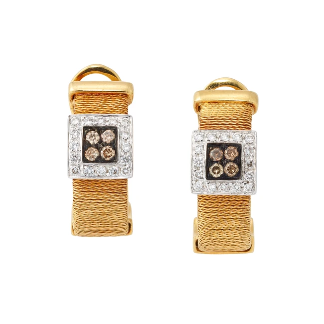A pair of diamond set hoop earrings, with a brilliant-cut diamond and brown diamond set square...