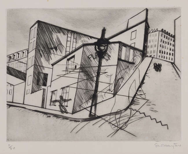 
	
		Stanley William Hayter CBE,
		British 1901-1988-
		 
		Rue de la Villette [Black &...