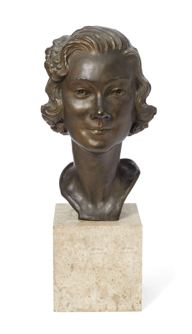 
	
		Ginette Bingguely-Lejeune, French, 1895-1969, a bronze  portrait bust of a young lady,...