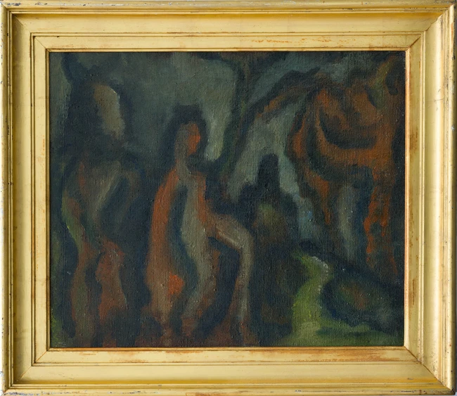 Leslie Marr, British 1922-2021 - Figures in a forest, 1946; oil on canvas, signed and dated on...